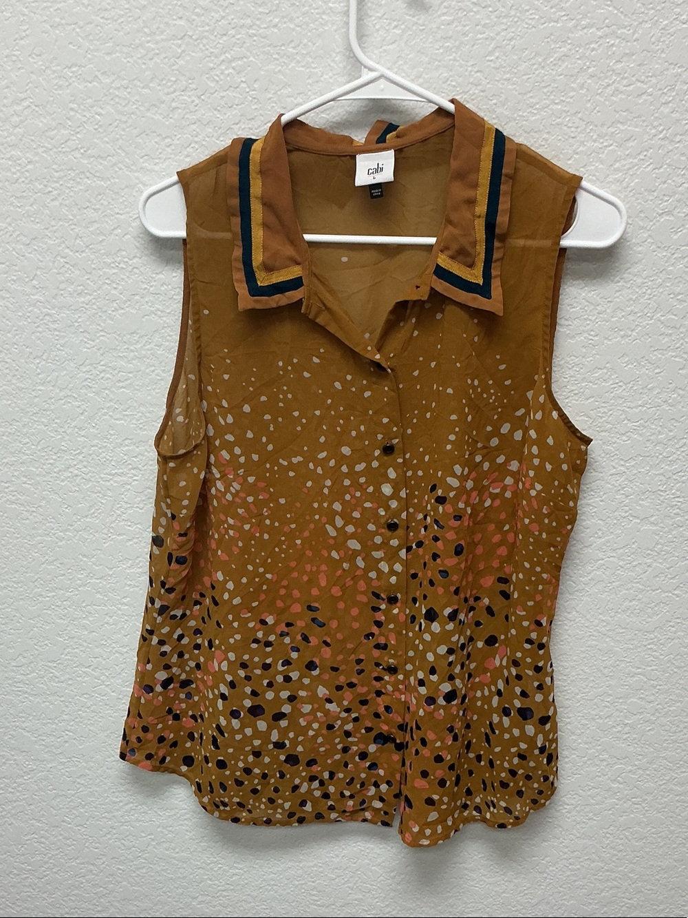 CAbi Mustard Sleeveless Button-Up Blouse with Contrast Collar